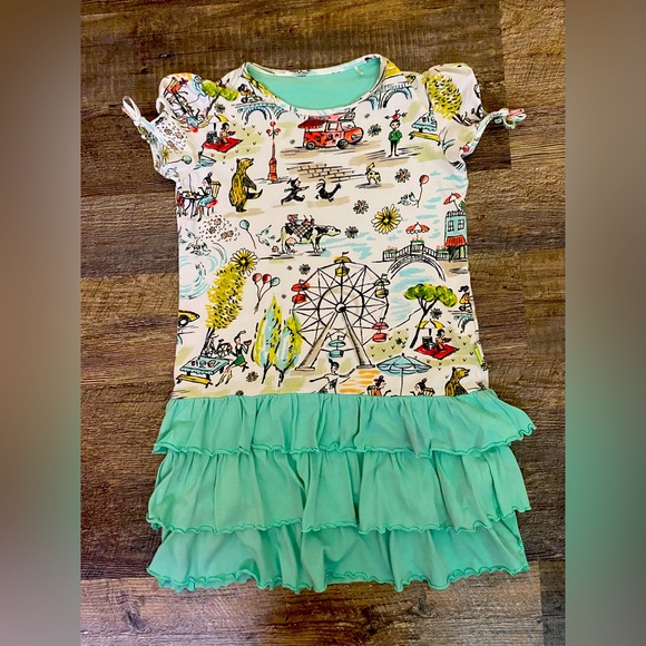 Oilily Multicolor Print Dress with Aqua Ruffle